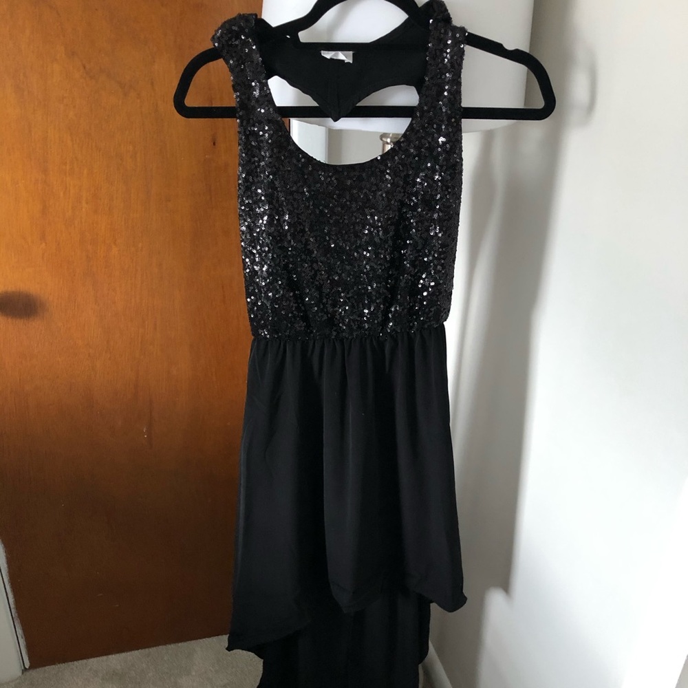 Heart shaped back hi low sequin black dress